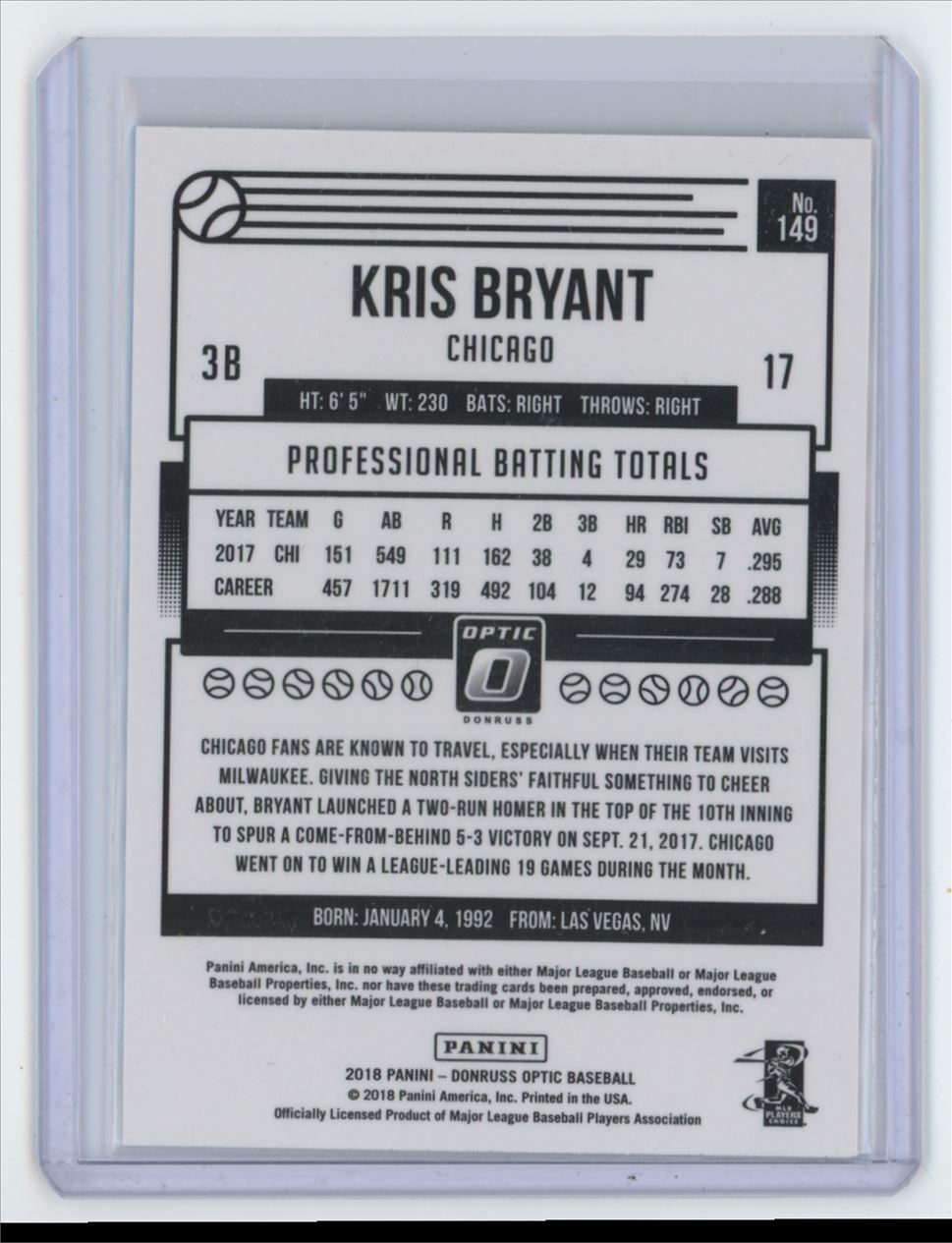 2018 Donruss Optic Kris Bryant . Chicago Cubs #149