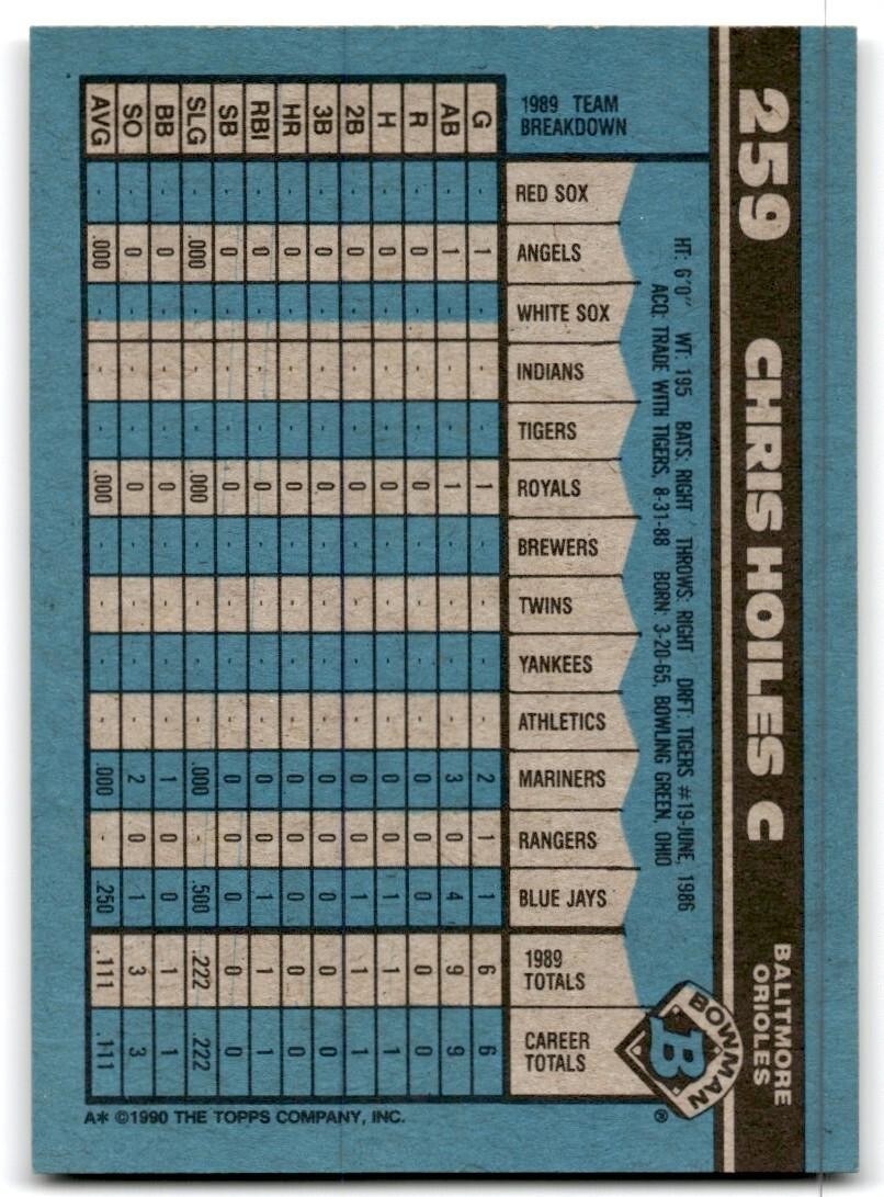 1990 Bowman Baseball Card Chris Hoiles Rookie Baltimore Orioles #259
