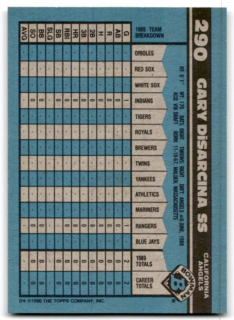 1990 Bowman Baseball Card Gary DiSarcina Rookie California Angels #290
