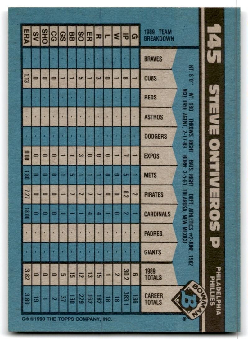 1990 Bowman Baseball Card Steve Ontiveros Philadelphia Phillies #145