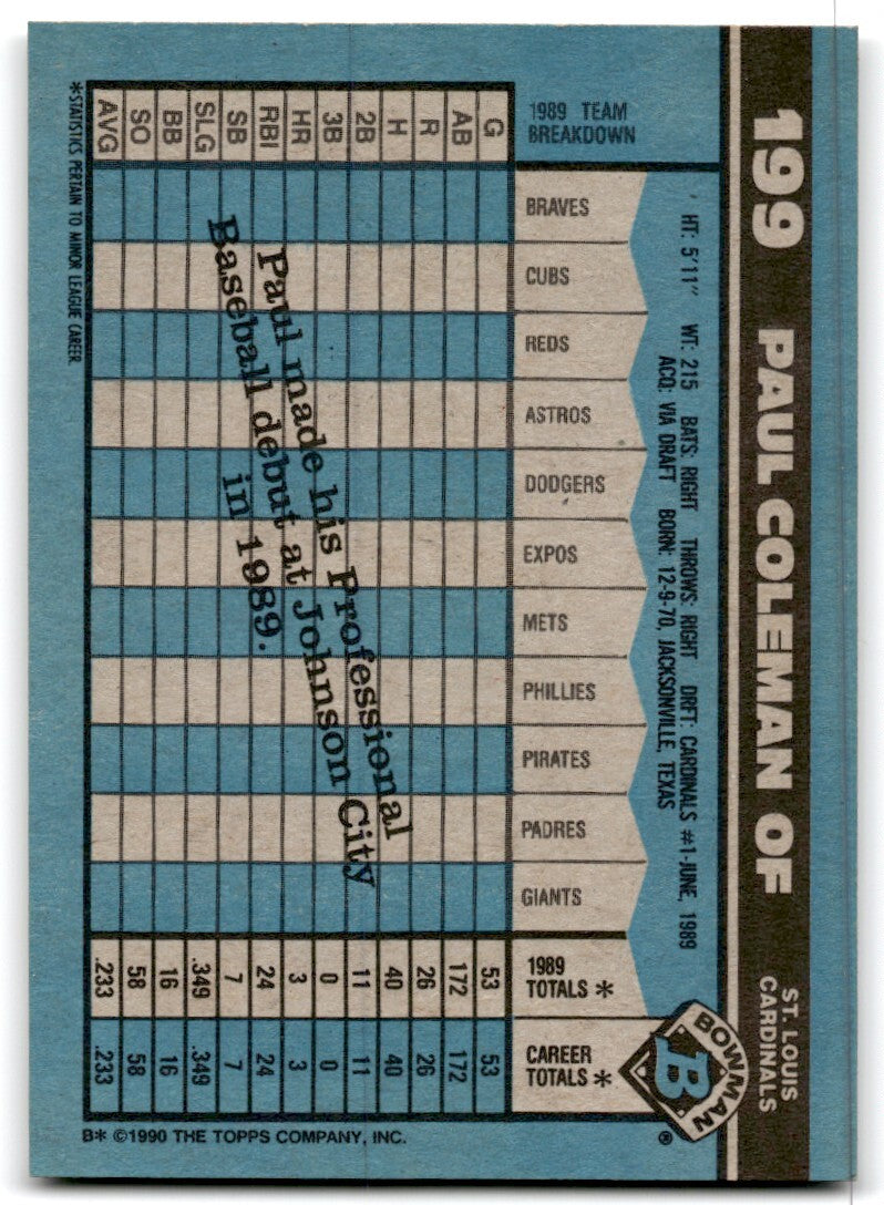 1990 Bowman Baseball Card Paul Coleman Rookie St. Louis Cardinals #199