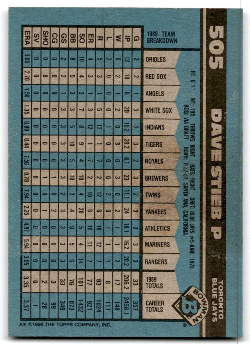 1990 Bowman Baseball Card Dave Stieb Toronto Blue Jays #505