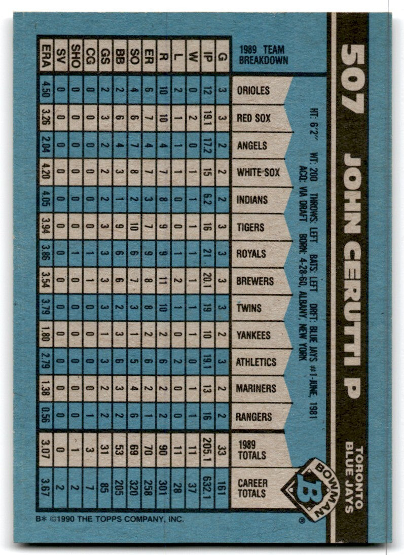 1990 Bowman Baseball Card John Cerutti Toronto Blue Jays #507