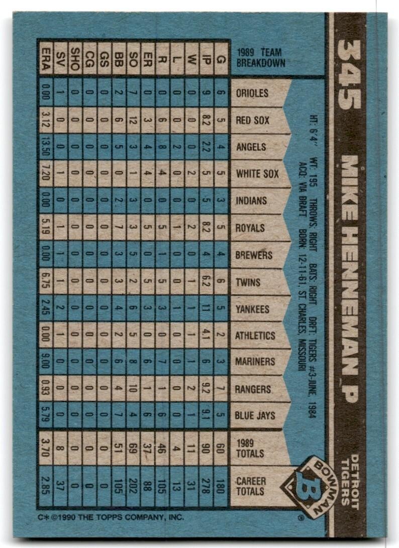 1990 Bowman Baseball Card Mike Henneman Detroit Tigers #345
