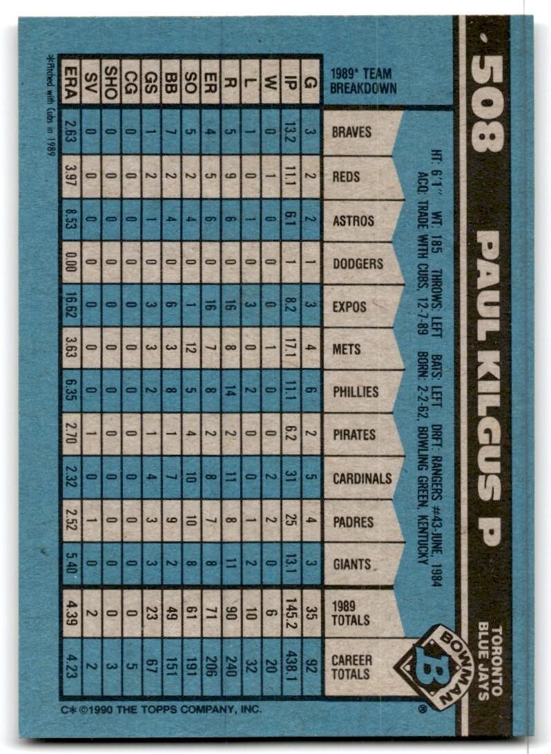 1990 Bowman Baseball Card Paul Kilgus Toronto Blue Jays #508