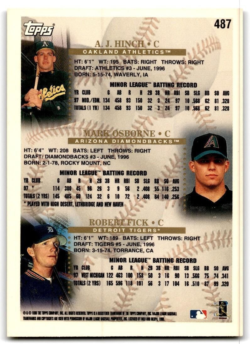 1998 Topps Baseball Card A.J. Hinch/Mark Osborne/Robert Fick Rookie A Oakland