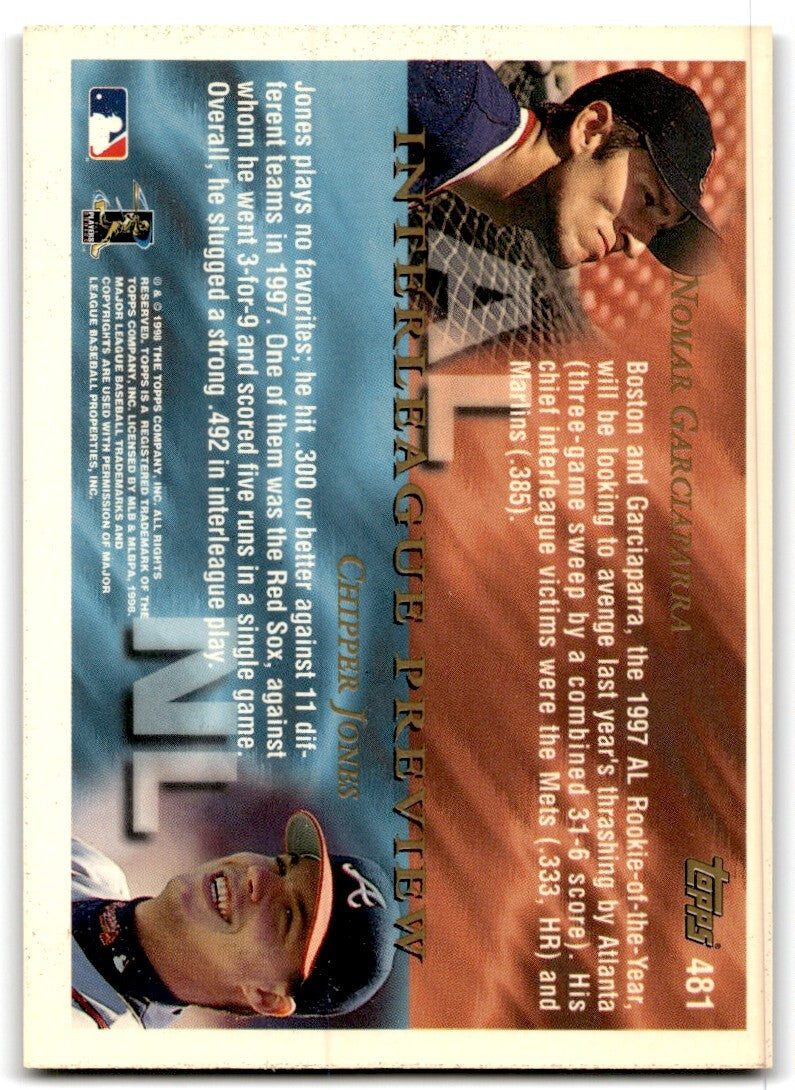 1998 Topps Baseball Card Chipper Jones/Nomar Garciaparra A Atlanta Braves/Boston