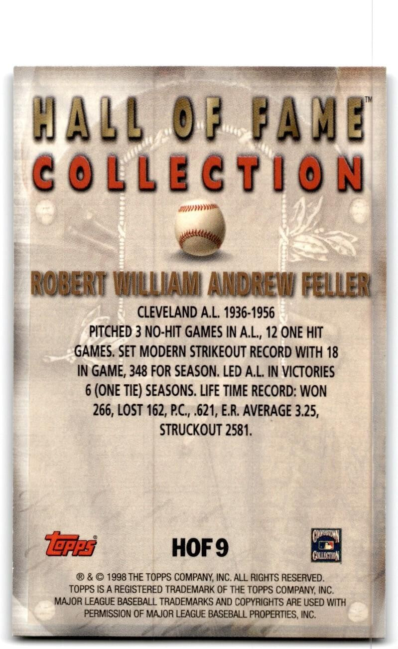 1998 Topps Baseball Card Bob Feller Cleveland Indians #HOF9