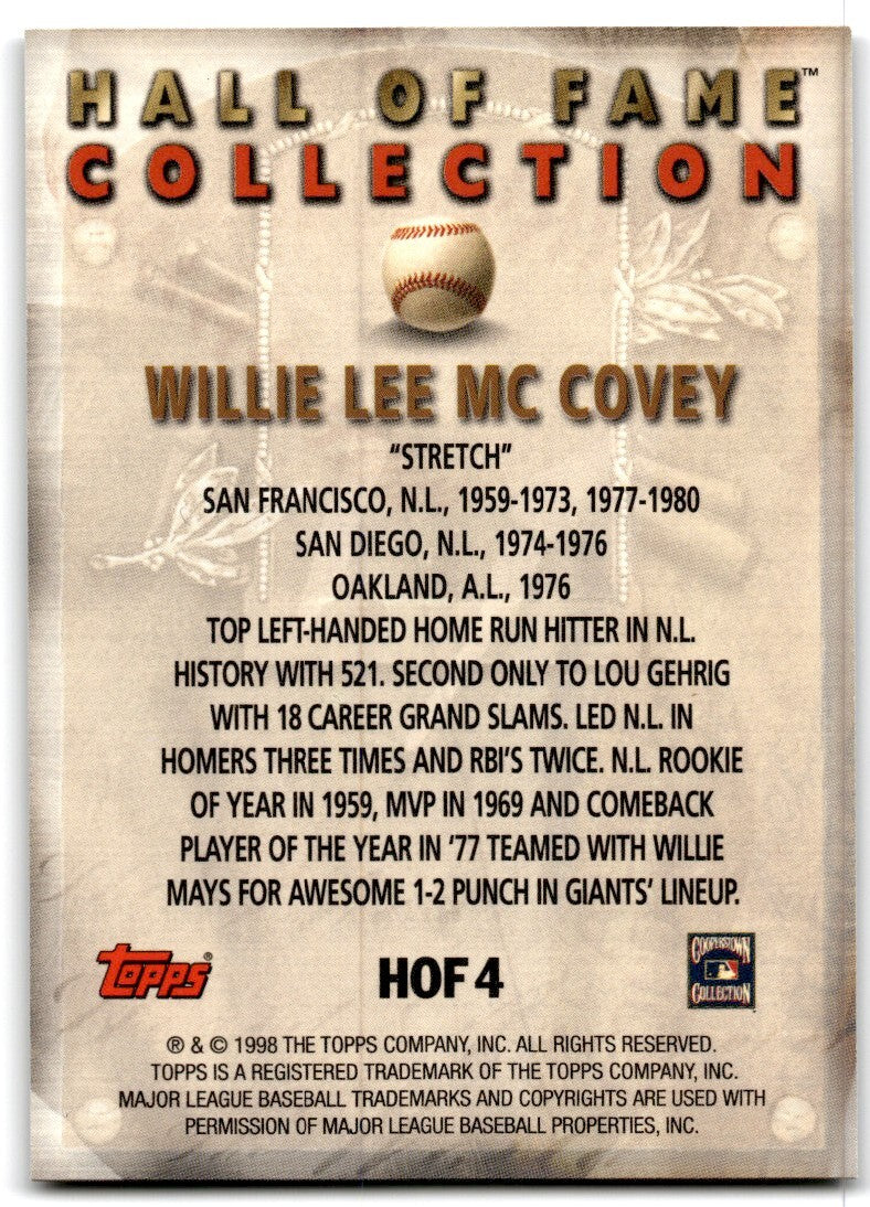 1998 Topps Baseball Card Willie McCovey A San Francisco Giants #HOF4