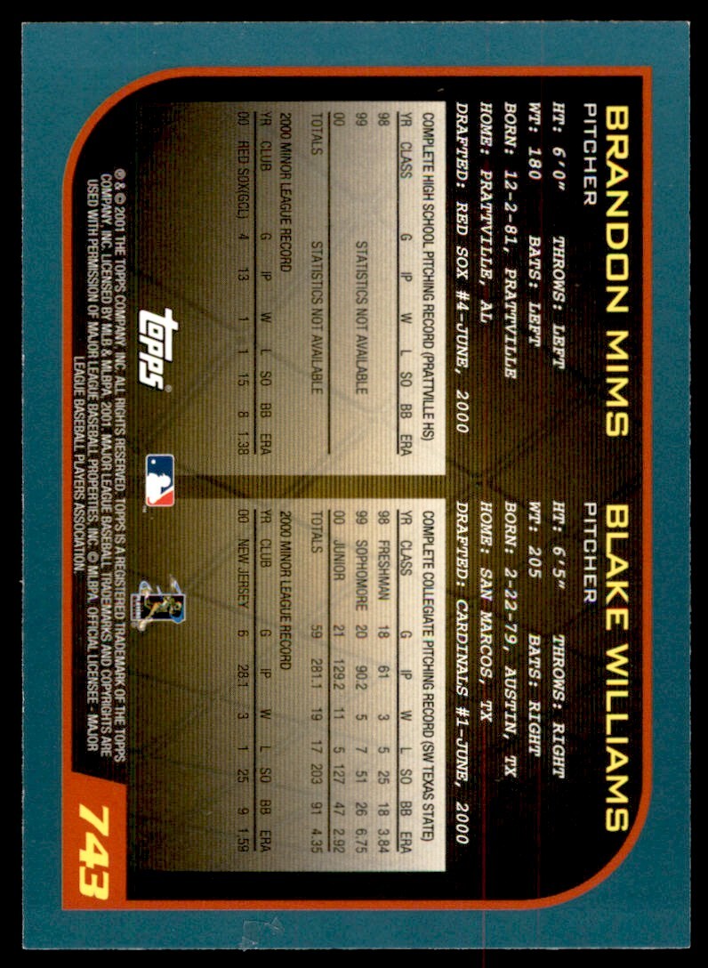 2001 Topps Brandon Mims/Blake Williams Rookie . #743
