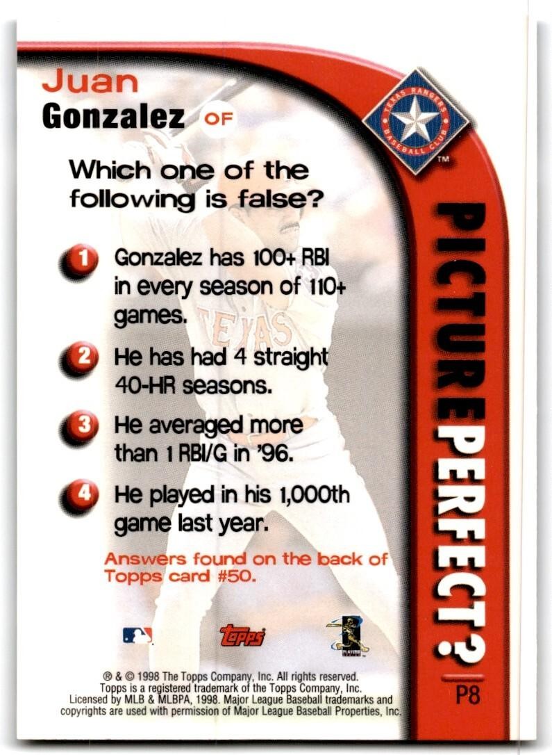 1998 Topps Baseball Card Juan Gonzalez Texas Rangers #P8