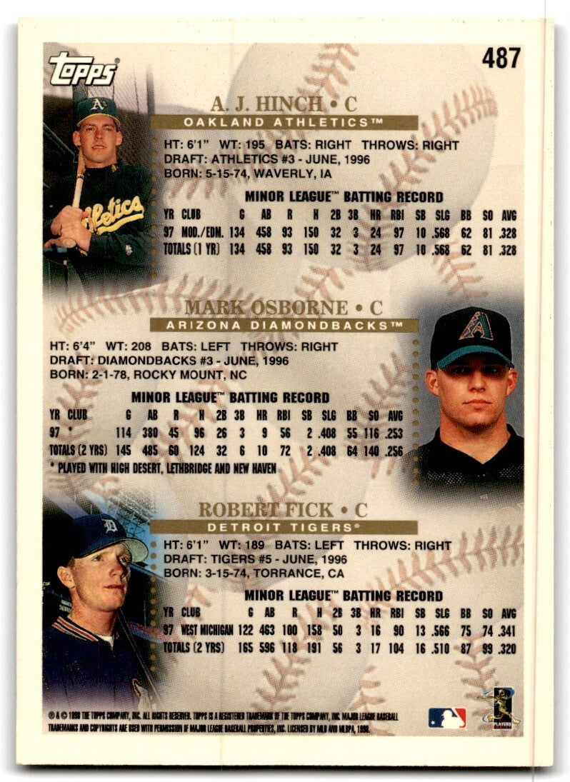 1998 Topps Baseball Card A.J. Hinch/Mark Osborne/Robert Fick Rookie Oakland
