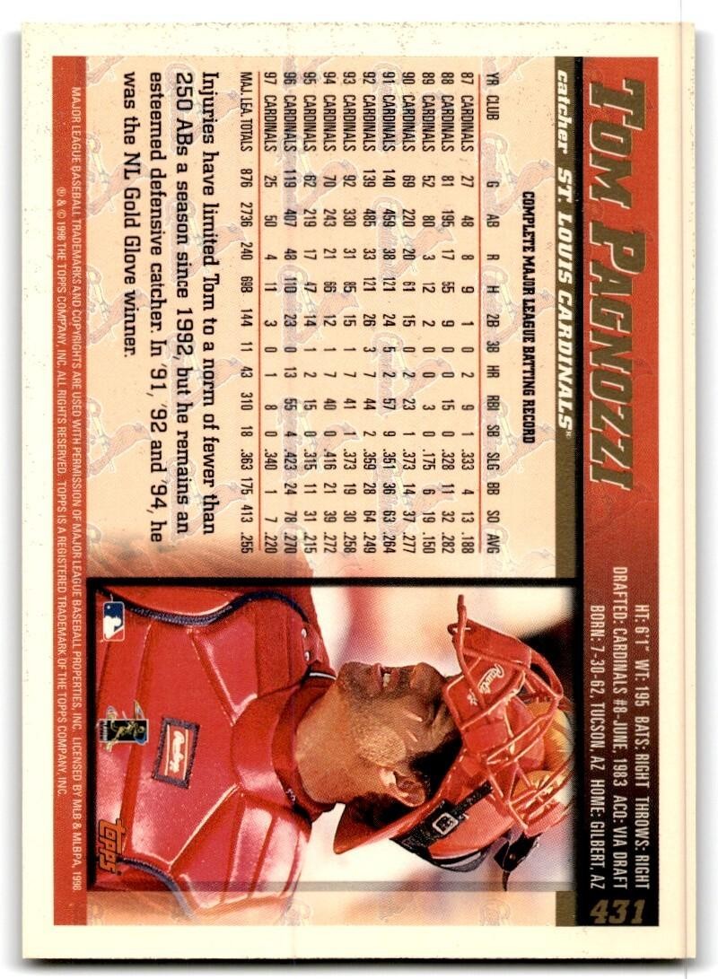 1998 Topps Baseball Card Tom Pagnozzi St. Louis Cardinals #431