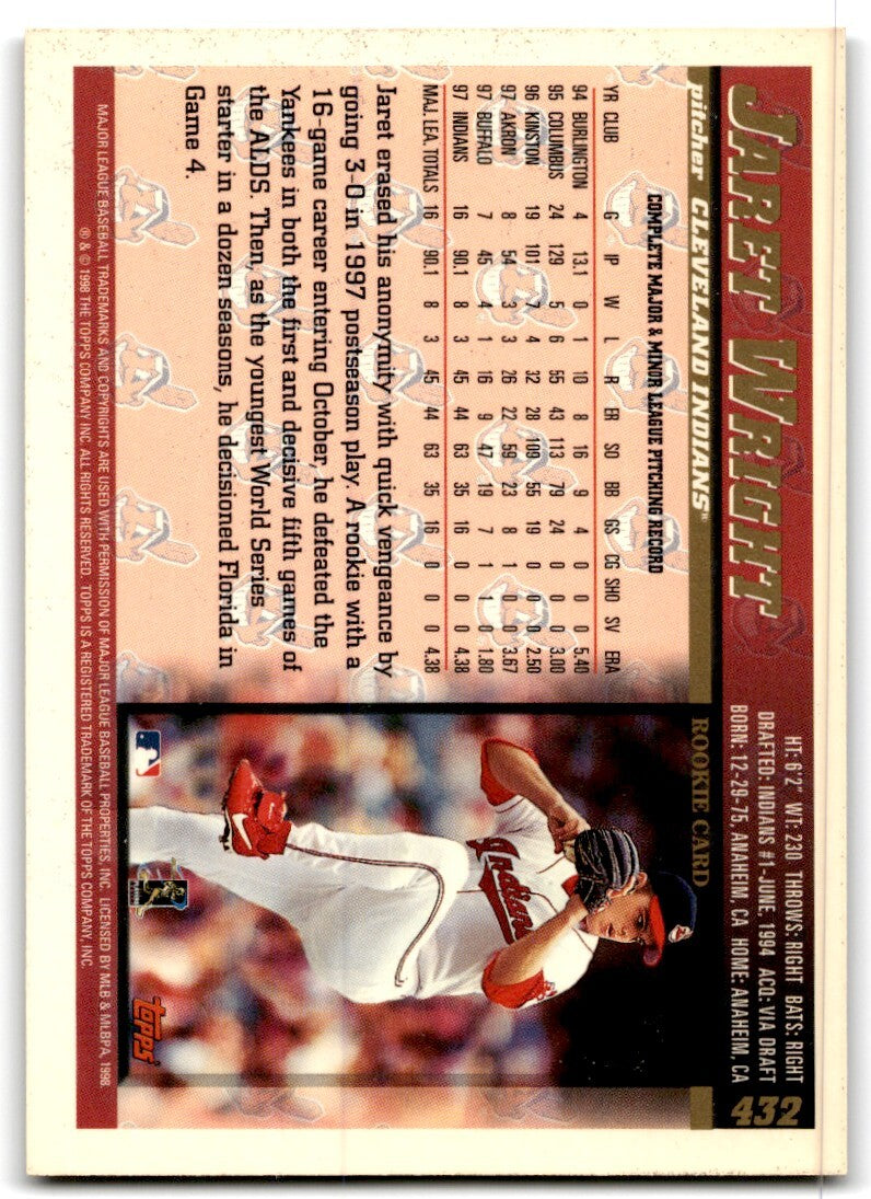1998 Topps Baseball Card Jaret Wright Cleveland Indians #432