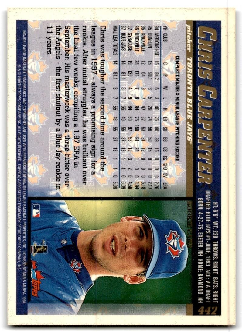 1998 Topps Baseball Card Chris Carpenter Toronto Blue Jays #442