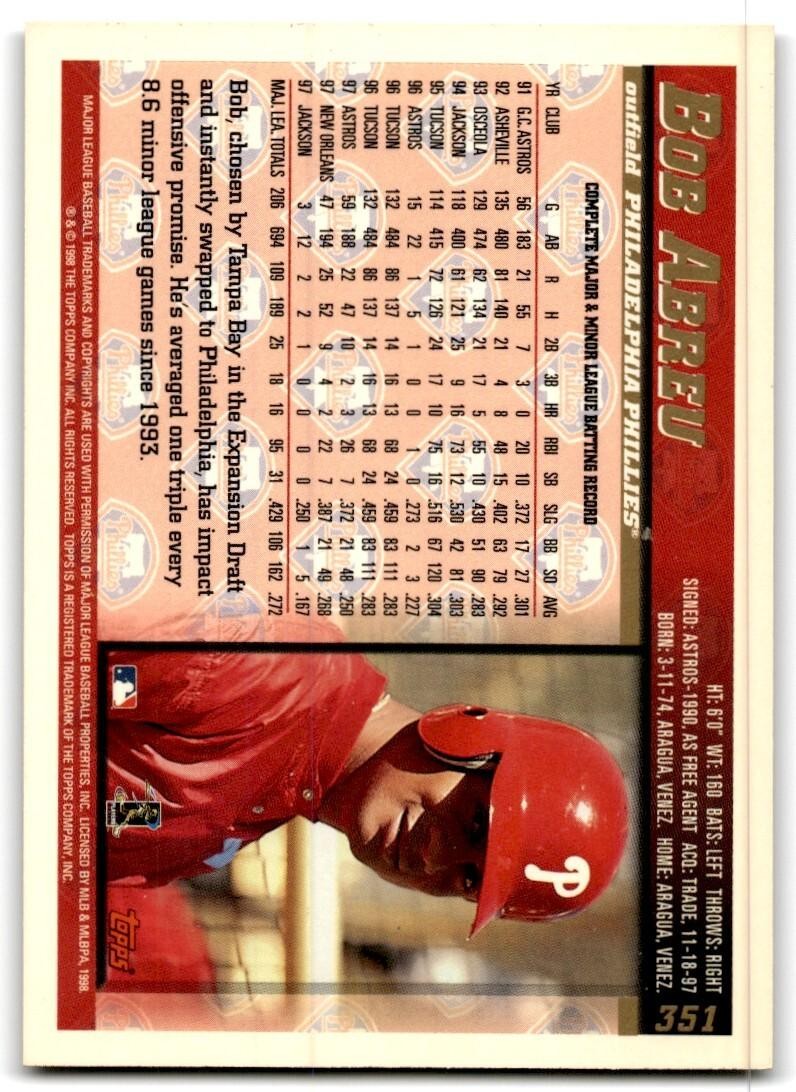 1998 Topps Baseball Card Bobby Abreu Philadelphia Phillies #351
