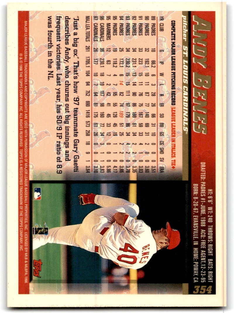 1998 Topps Baseball Card Andy Benes St. Louis Cardinals #354