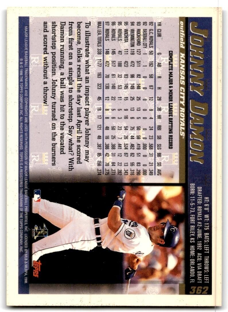 1998 Topps Baseball Card Johnny Damon Kansas City Royals #362
