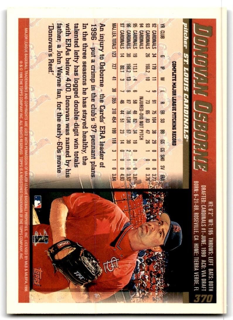 1998 Topps Baseball Card Donovan Osborne St. Louis Cardinals #370