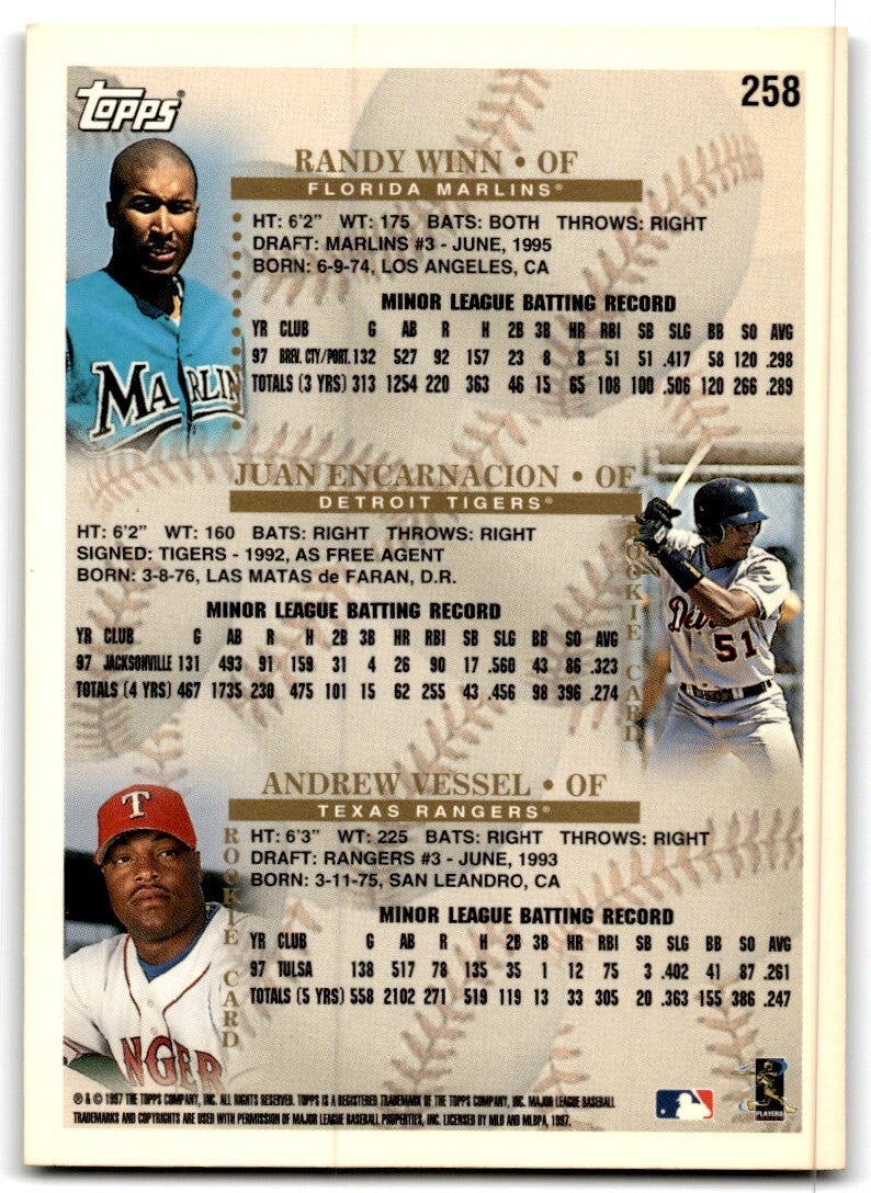 1998 Topps Baseball Card Randy Winn/Juan Encarnacion/Andrew Vessel Florida