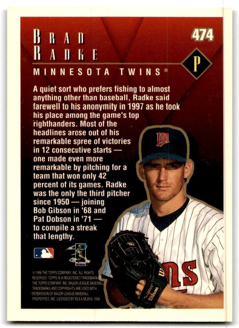 1998 Topps Baseball Card Brad Radke Minnesota Twins #474