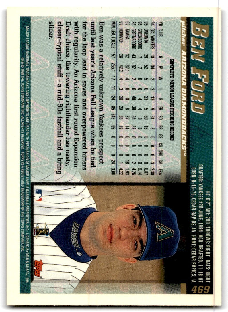 1998 Topps Baseball Card Ben Ford Rookie Arizona Diamondbacks #469