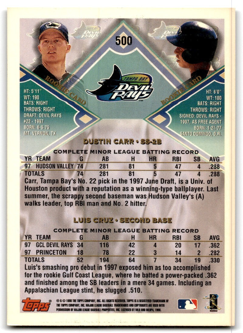 1998 Topps Baseball Card Dustin Carr/Luis Cruz Rookie Tampa Bay Devil Rays #500