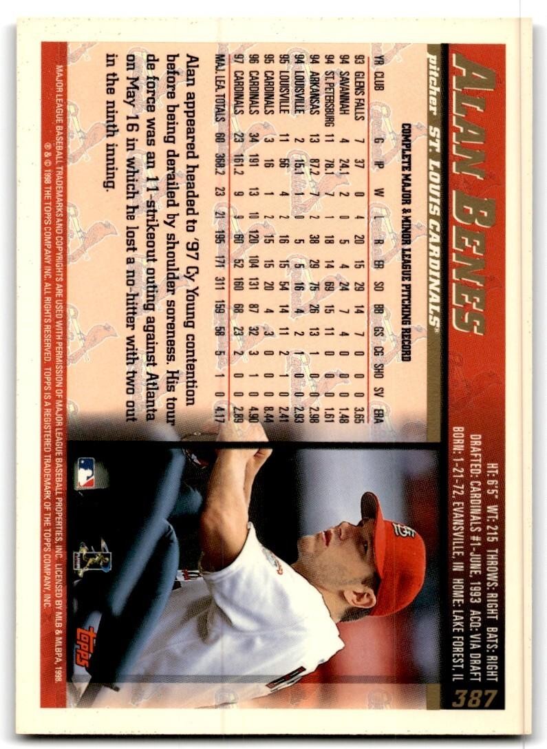 1998 Topps Baseball Card Alan Benes St. Louis Cardinals #387