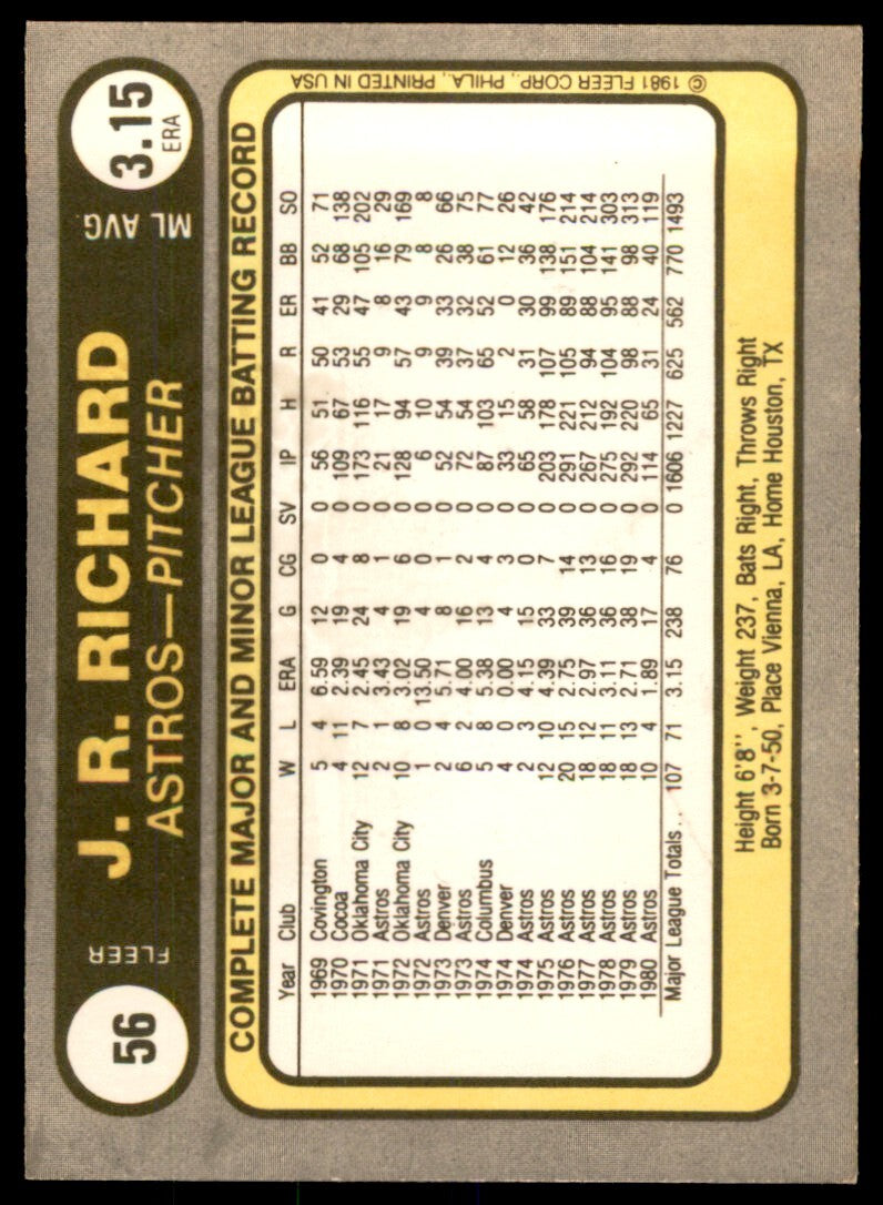 1981 Fleer J.R. Richard . Houston Astros #56
