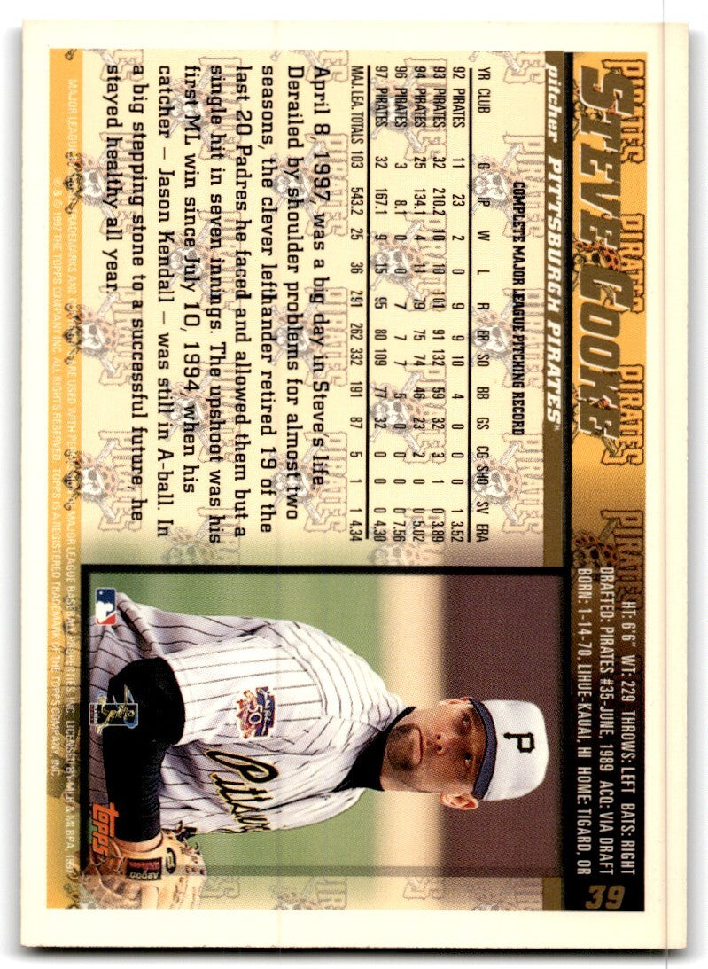 1998 Topps Baseball Card Steve Cooke Pittsburgh Pirates #39