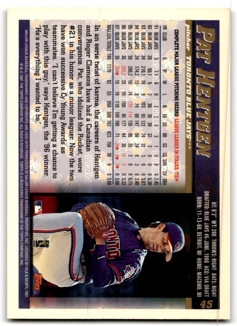 1998 Topps Baseball Card Pat Hentgen Toronto Blue Jays #45