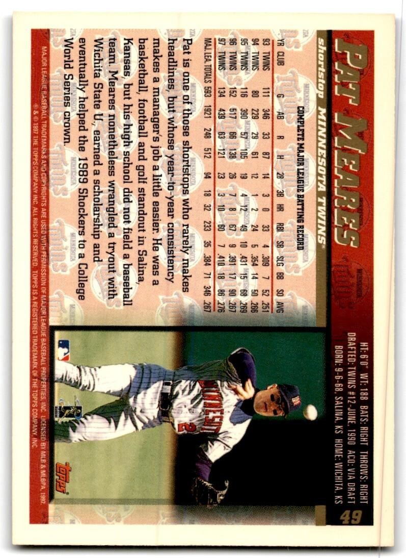 1998 Topps Baseball Card Pat Meares Minnesota Twins #49