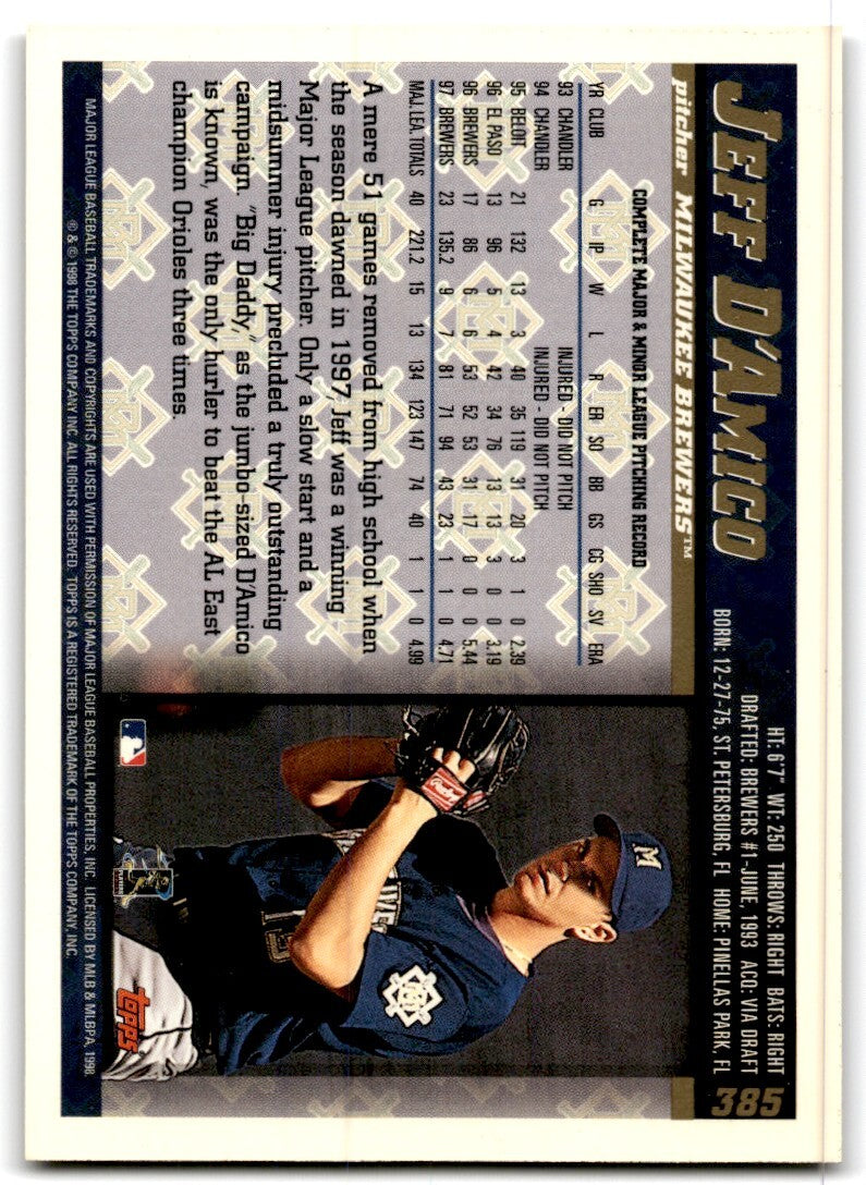 1998 Topps Baseball Card Jeff D'Amico Milwaukee Brewers #385