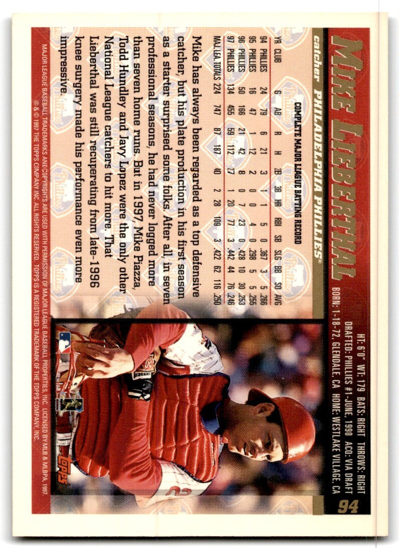 1998 Topps Baseball Card Mike Lieberthal Philadelphia Phillies #94