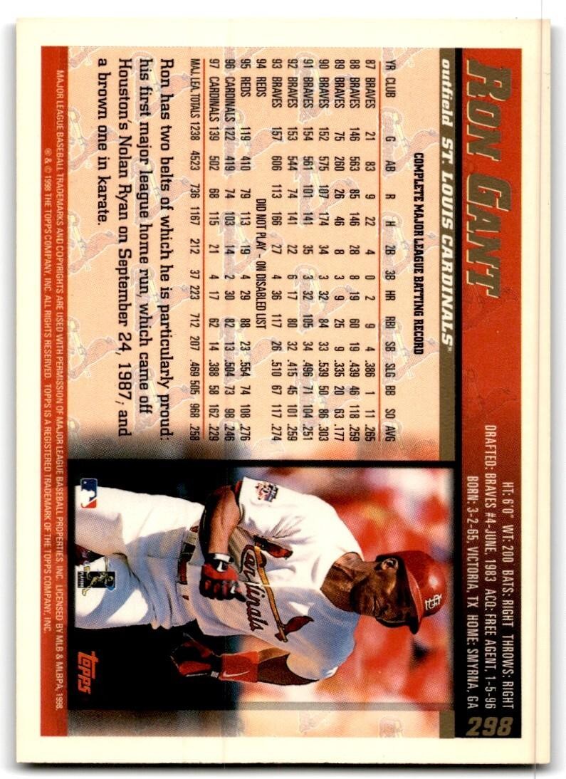 1998 Topps Baseball Card Ron Gant St. Louis Cardinals #298