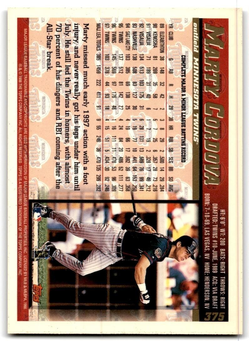 1998 Topps Baseball Card Marty Cordova Minnesota Twins #375
