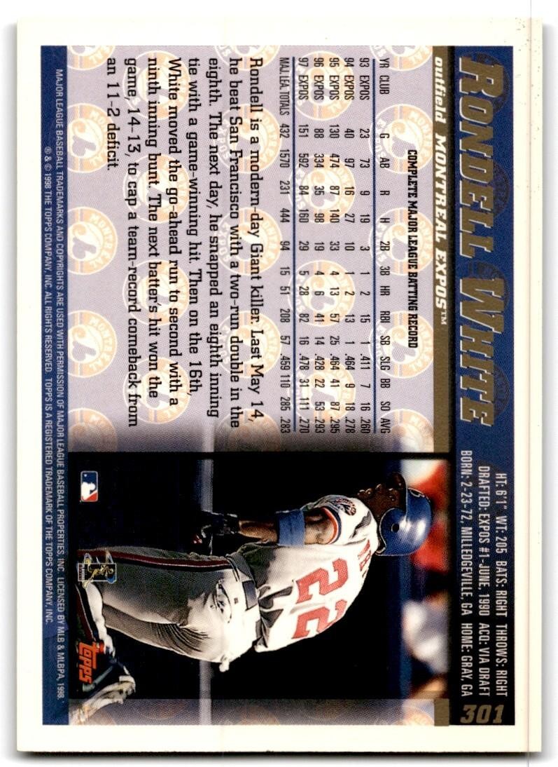 1998 Topps Baseball Card Rondell White Montreal Expos #301