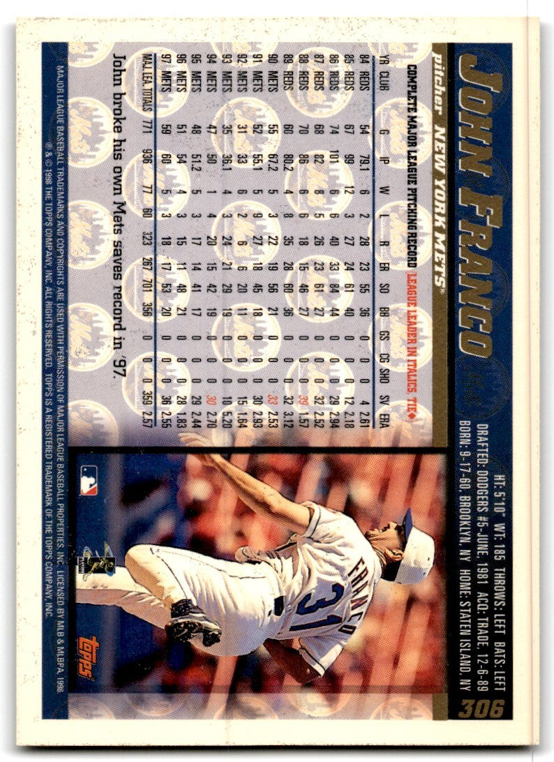 1998 Topps Baseball Card John Franco New York Mets #306