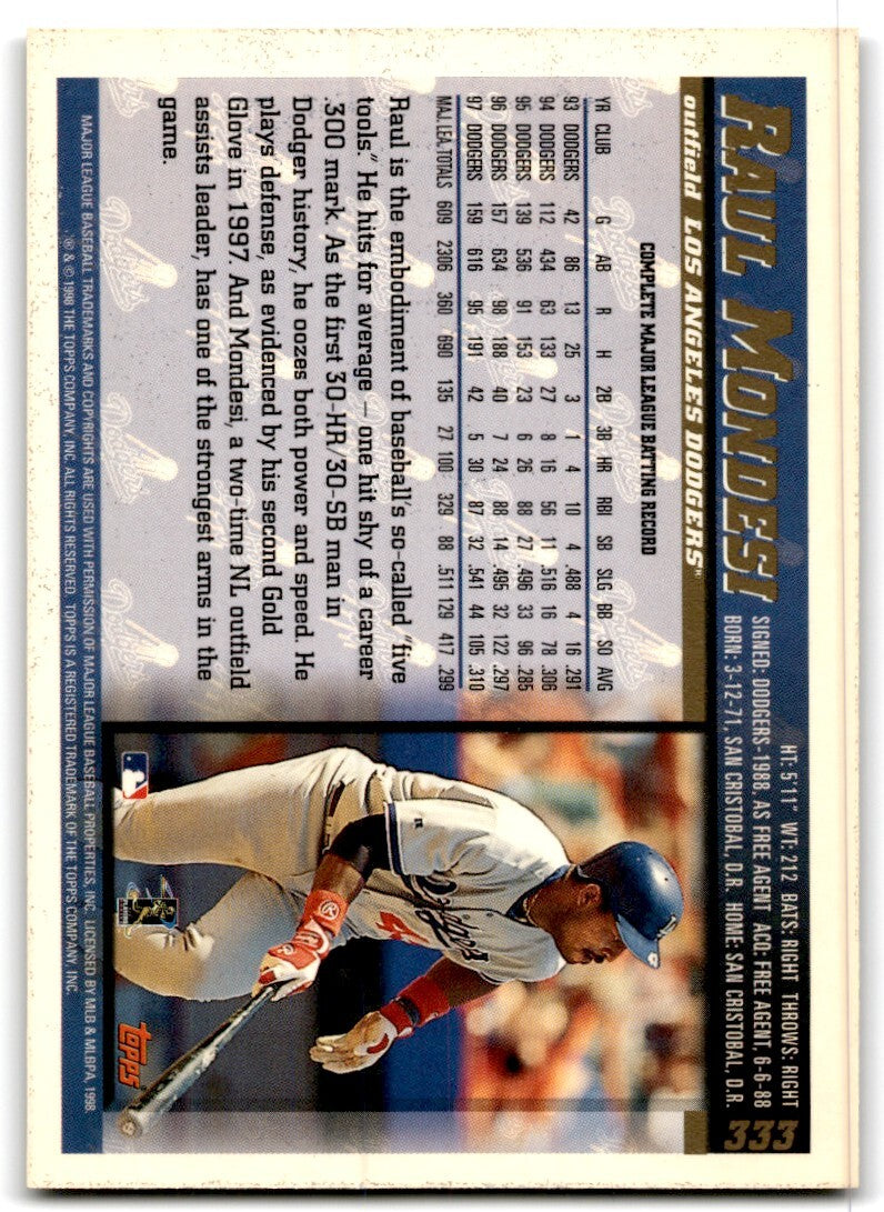 1998 Topps Baseball Card Raul Mondesi Los Angeles Dodgers #333