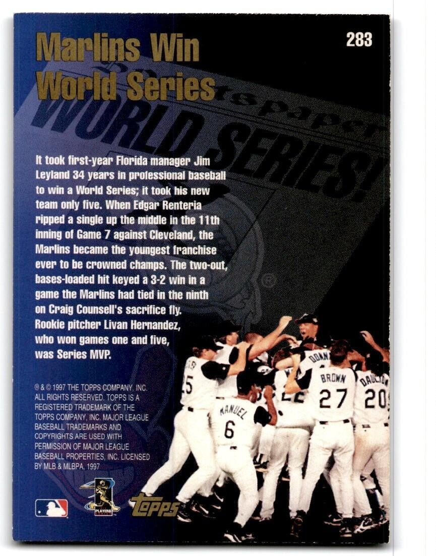 1998 Topps Baseball Card Marlins Champs Florida Marlins #283