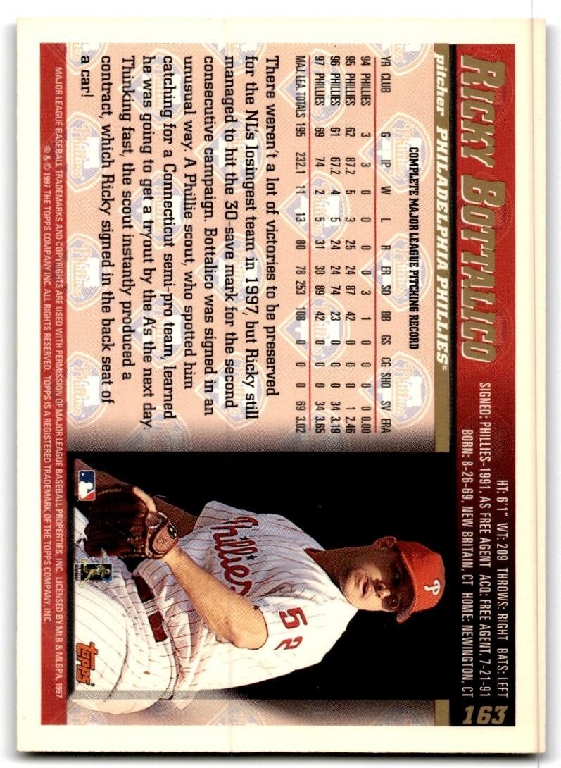 1998 Topps Baseball Card Ricky Bottalico Philadelphia Phillies #163
