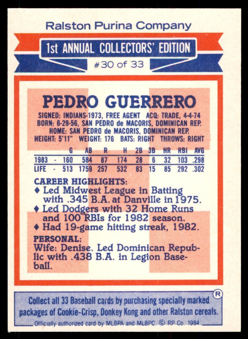 1984 Topps Ralston Purina Pedro Guerrero . Los Angeles Dodgers #30