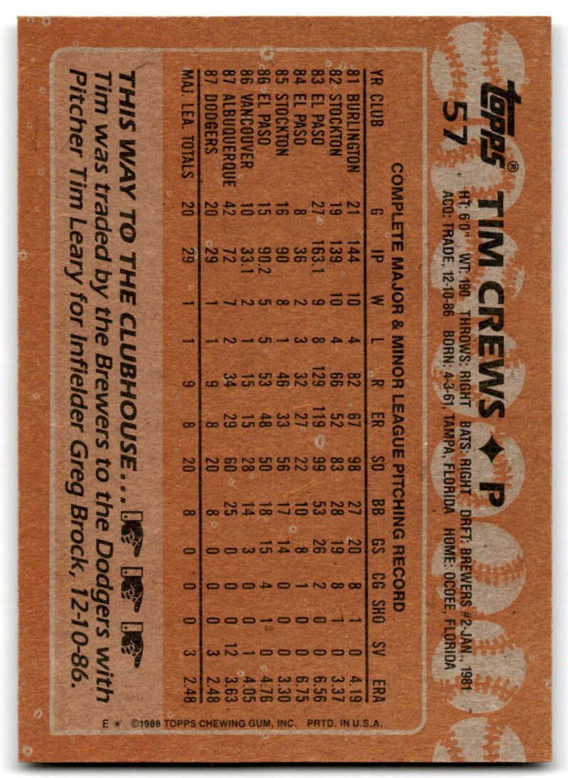 1988 Topps Baseball Card Tim Crews Rookie Los Angeles Dodgers #57