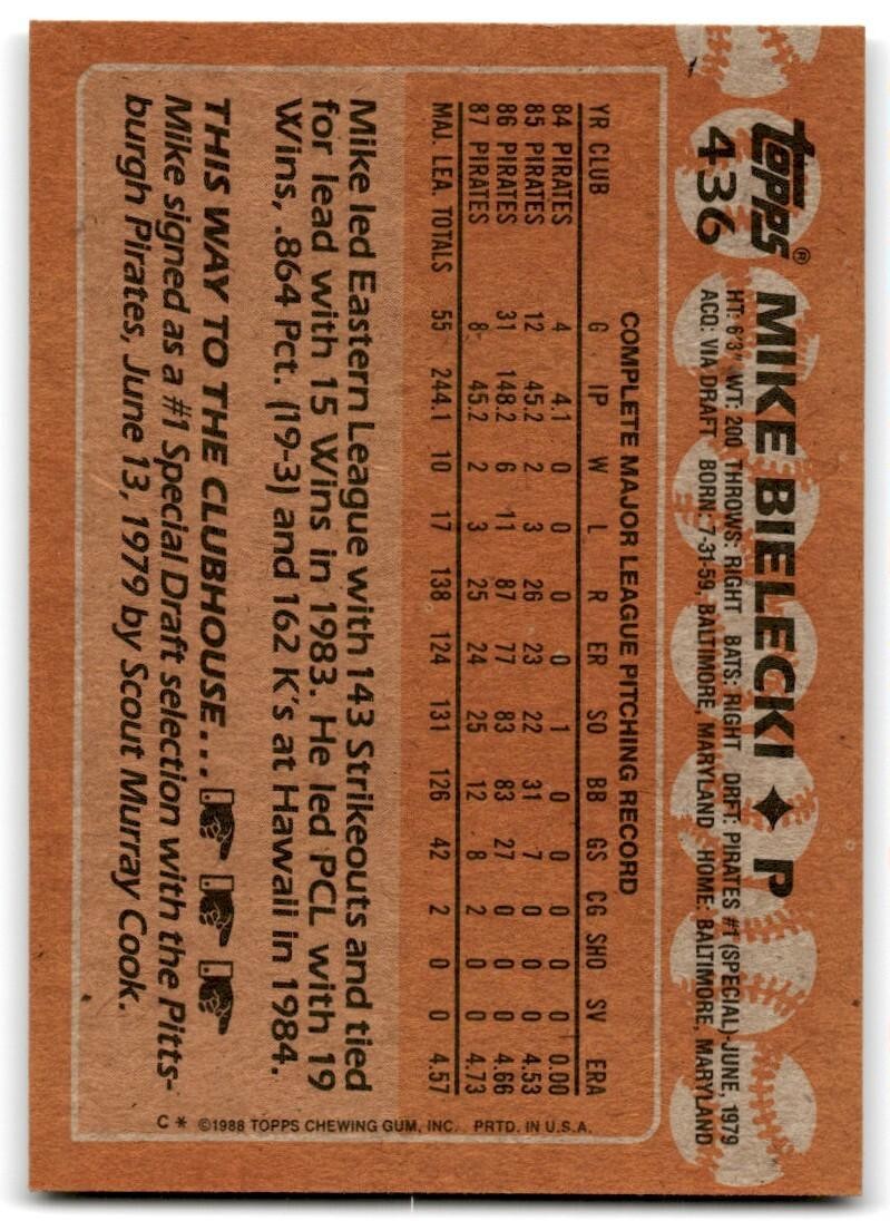 1988 Topps Baseball Card Mike Bielecki Pittsburgh Pirates #436