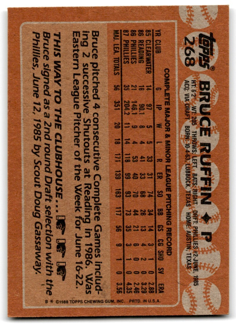 1988 Topps Baseball Card Bruce Ruffin Philadelphia Phillies #268
