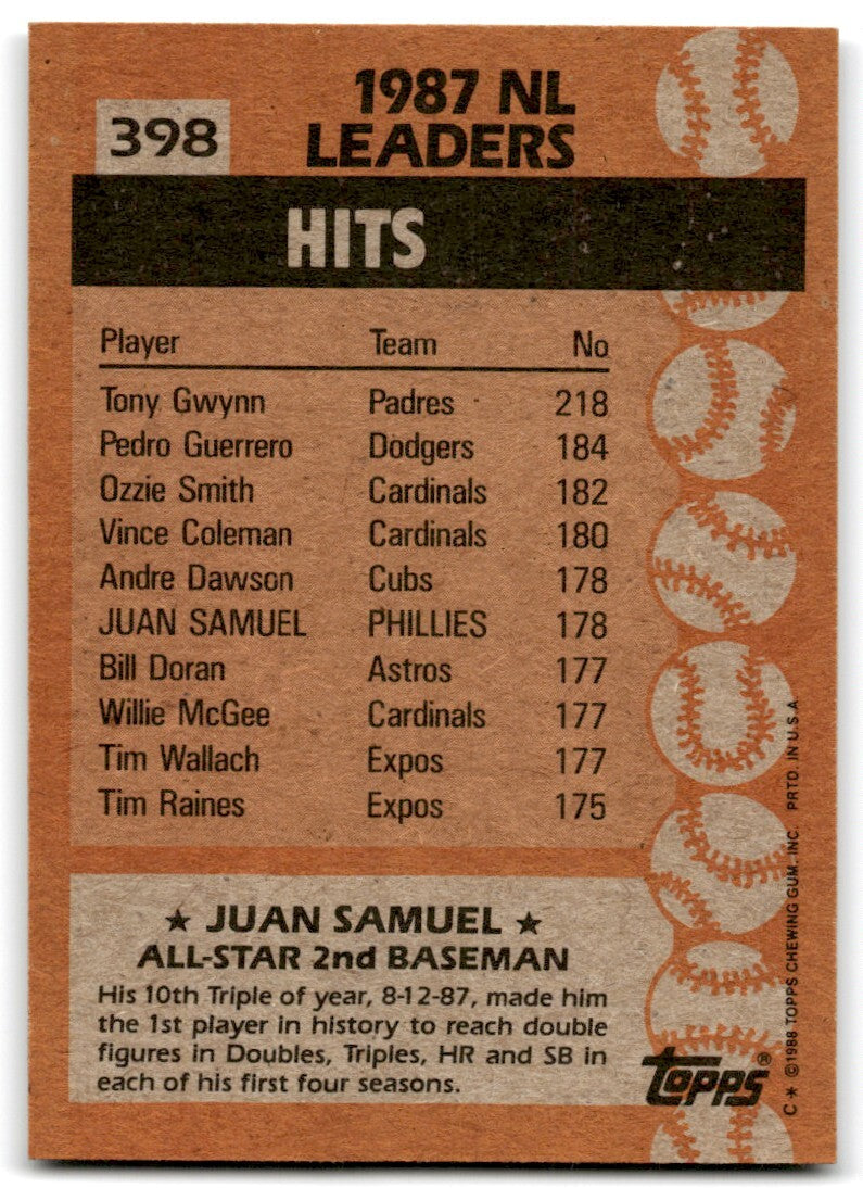 1988 Topps Baseball Card Juan Samuel Philadelphia Phillies #398