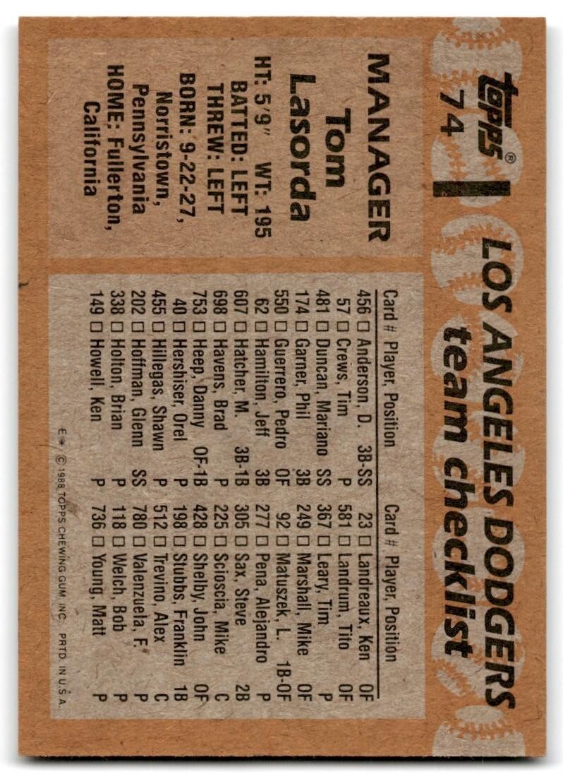 1988 Topps Baseball Card Tom Lasorda Los Angeles Dodgers #74