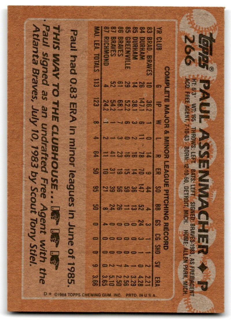 1988 Topps Baseball Card Paul Assenmacher Atlanta Braves #266