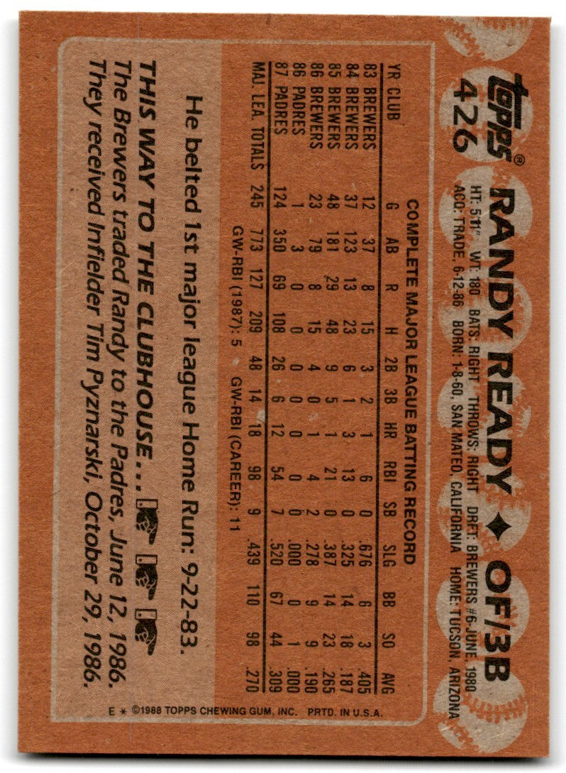 1988 Topps Baseball Card Randy Ready San Diego Padres #426