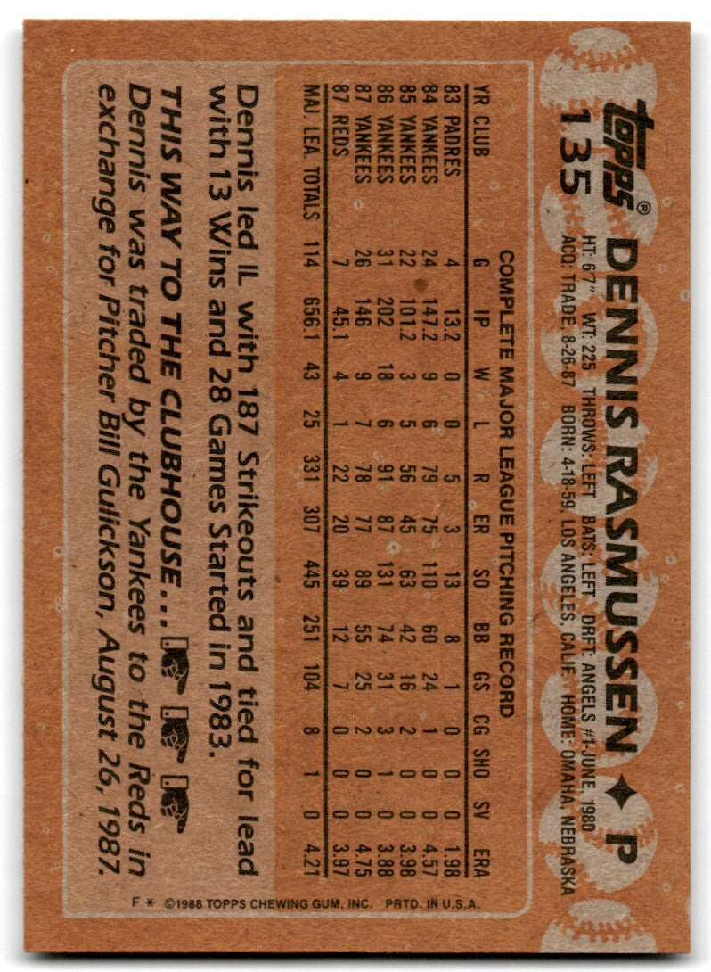 1988 Topps Baseball Card Dennis Rasmussen Cincinnati Reds #135